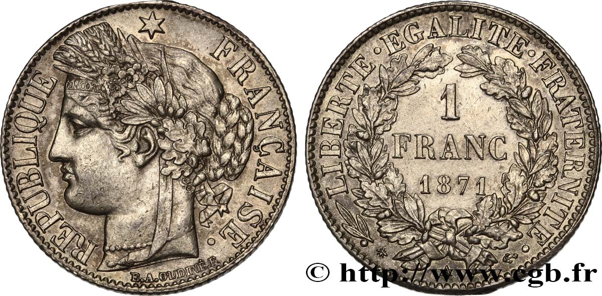 1 franc Cérès, Troisième République, petit A 1871 Paris F.216/2 EBC 