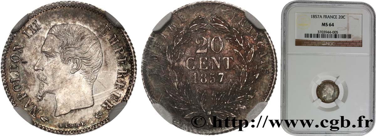 20 centimes Napoléon III, tête nue 1857 Paris F.148/7 MS64 NGC