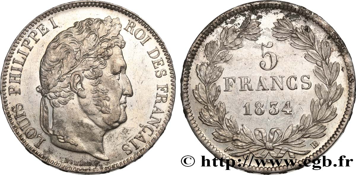 5 francs IIe type Domard 1834 Strasbourg F.324/31 SUP55 