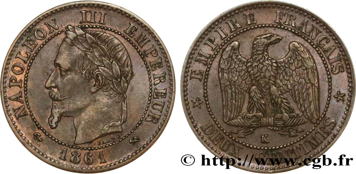 Deux centimes Napoléon III, tête laurée 1861 Bordeaux F.108A/3 BB45