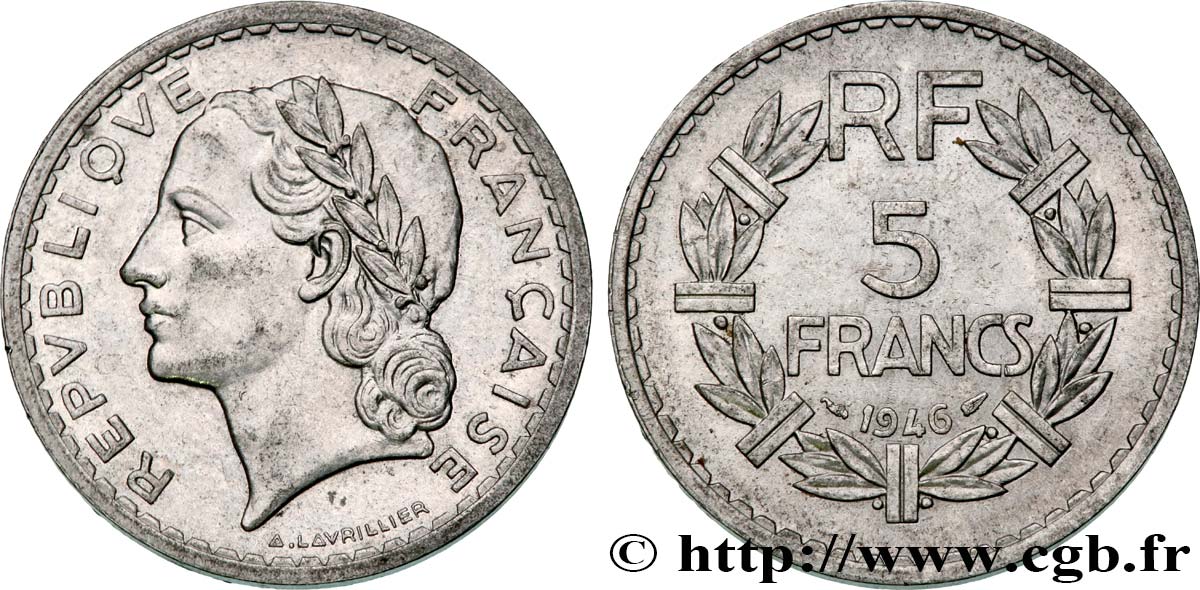 5 francs Lavrillier, aluminium 1946 F.339/6 AU53