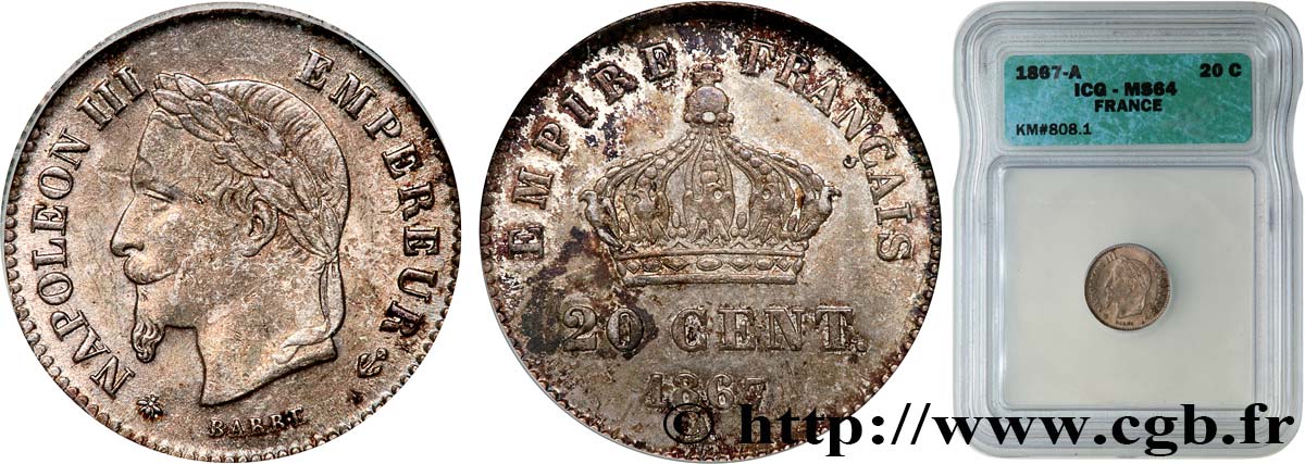 20 centimes Napoléon III, tête laurée, grand module 1867 Paris F.150/1 SPL64 autre