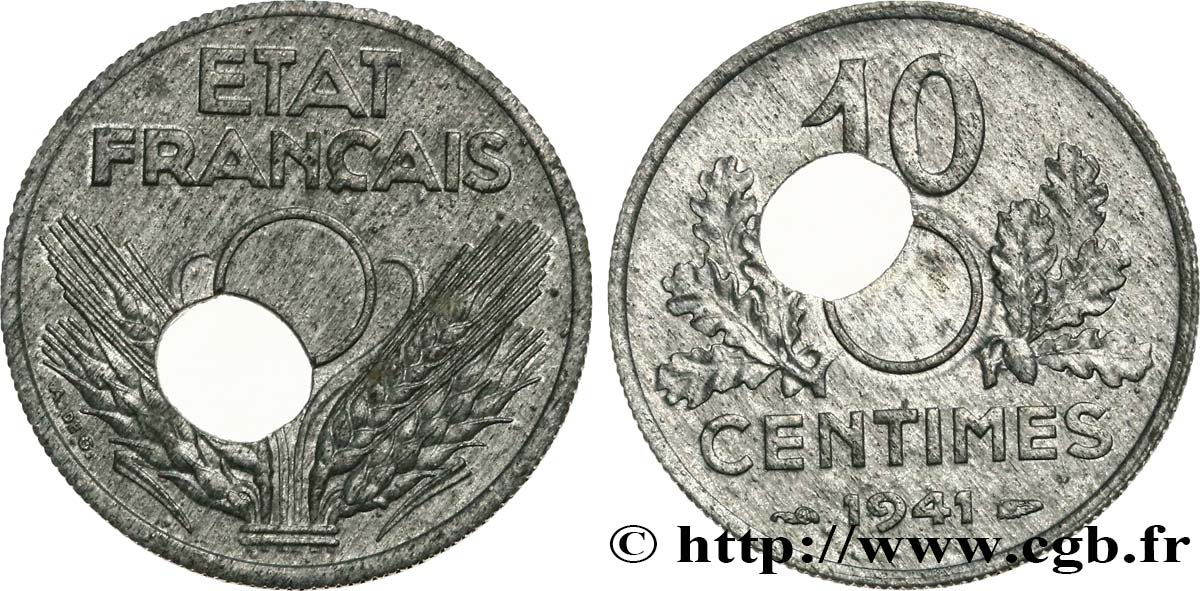 10 centimes État français, grand module, perforation décentrée de type IV 1941  F.141/2 var. MS60 