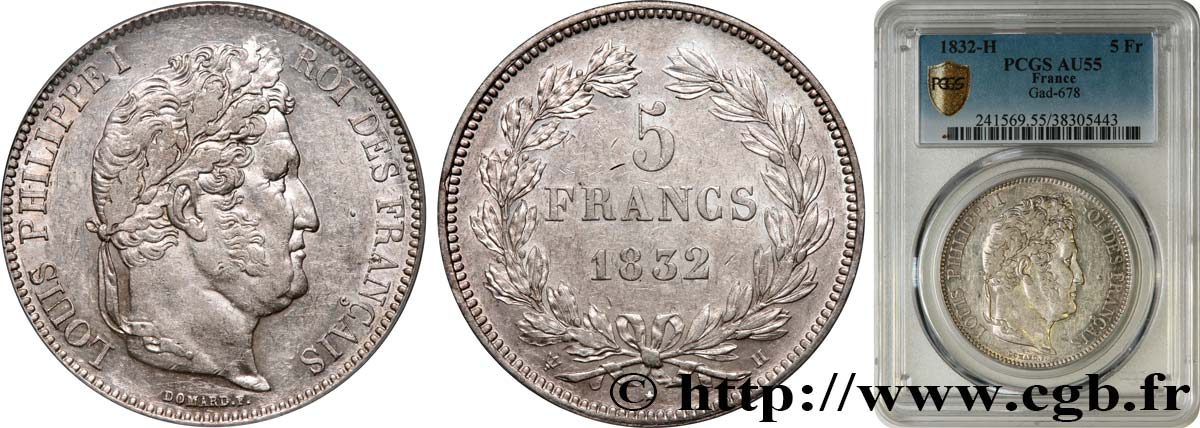 5 francs, IIe type Domard 1832 La Rochelle F.324/5 SUP55 PCGS