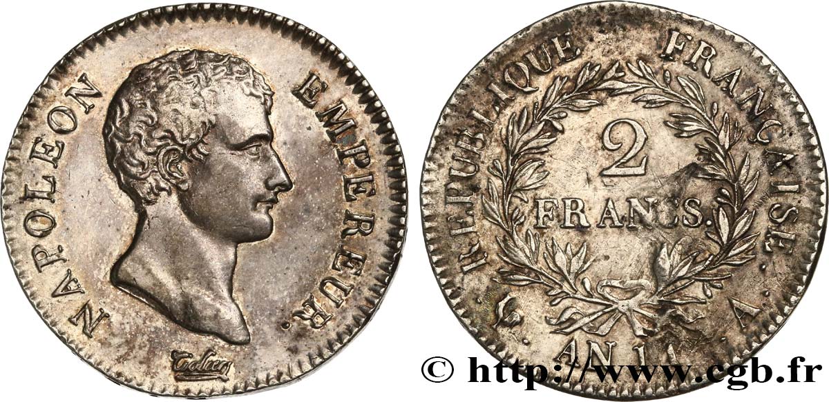 2 francs Napoléon Empereur, Calendrier révolutionnaire 1805 Paris F.251/27 TTB+ 