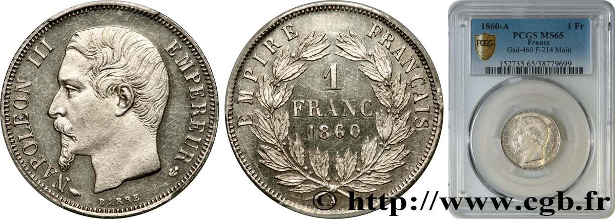 1 franc Napoléon III, tête nue 1860 Paris F.214/14 ST65 PCGS