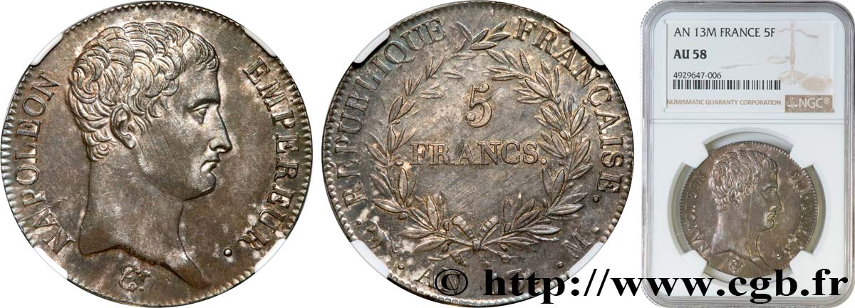 5 francs Napoléon Empereur, Calendrier révolutionnaire 1805 Toulouse F.303/13 AU58 NGC