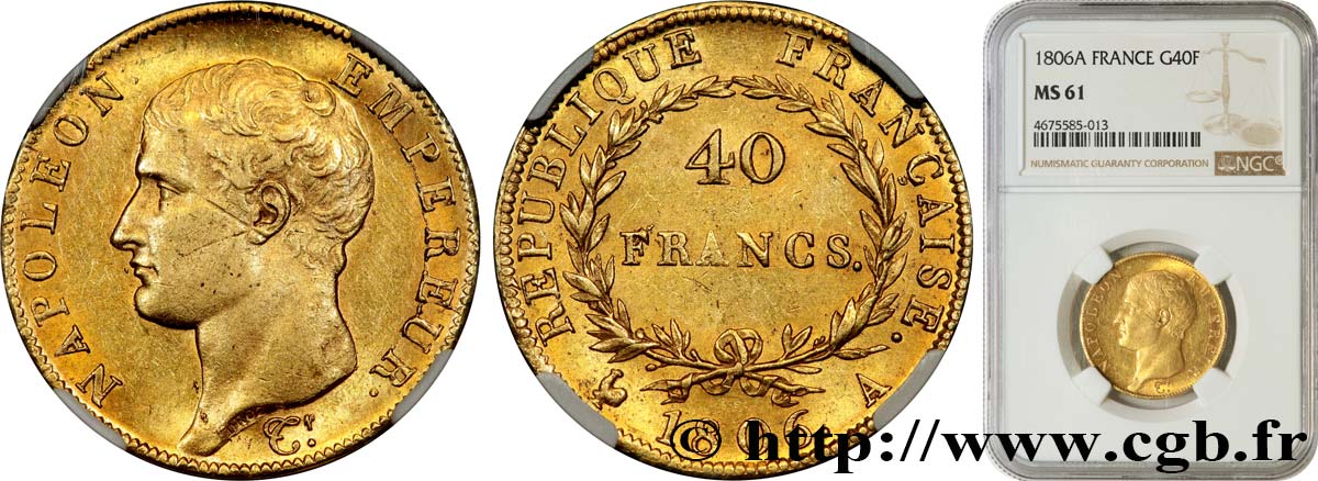 40 francs or Napoléon tête nue, Calendrier grégorien 1806 Paris F.538/1 SPL61 NGC