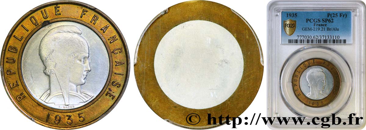 Essai uniface d’avers de 25 francs bimétallique, Bronze/Aluminium 1935  GEM.219 21 MS62 PCGS