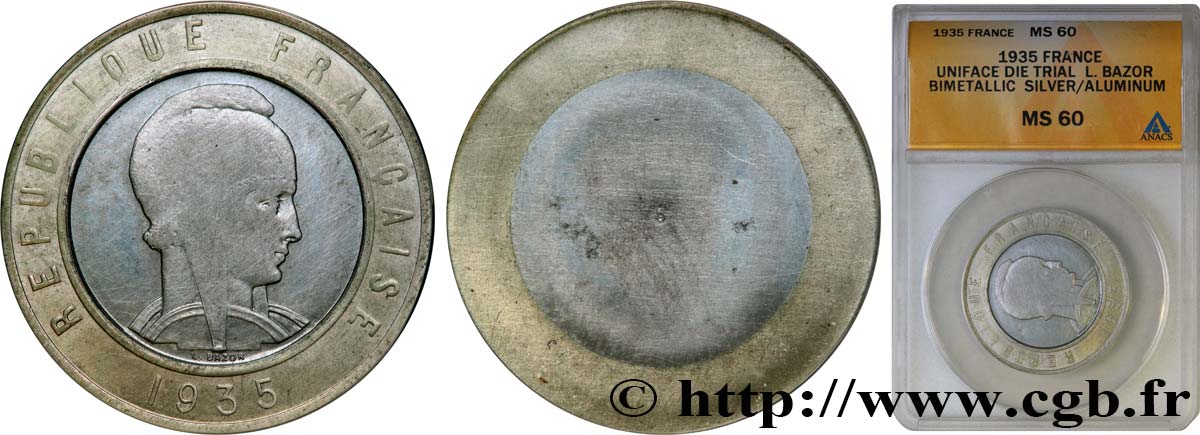 Essai uniface d’avers de 25 francs bimétallique, Argent/Aluminium 1935  GEM.219 15 MS60 ANACS
