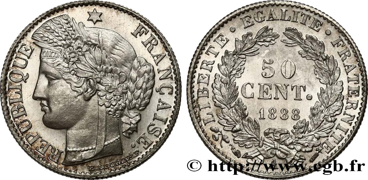 50 centimes Cérès, Troisième République 1888 Paris F.189/13 MS65 
