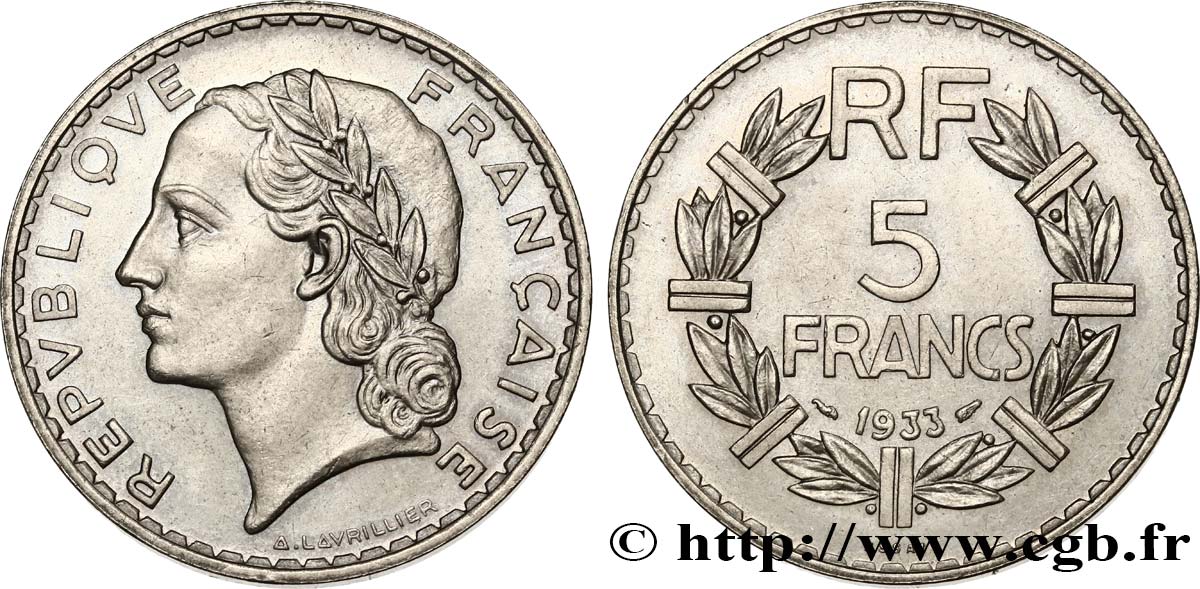 Essai de 5 francs Lavrillier, nickel 1933  F.336/1 MS62 