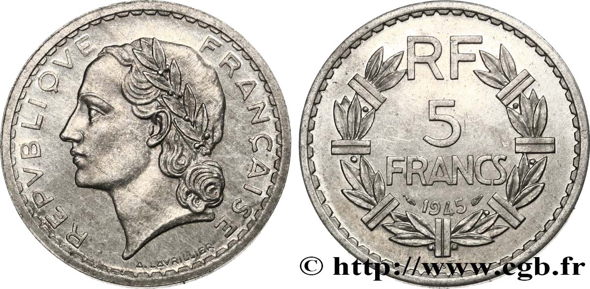 Essai de 5 francs Lavrillier, en aluminium 1945 Paris F.339/1 MS62 