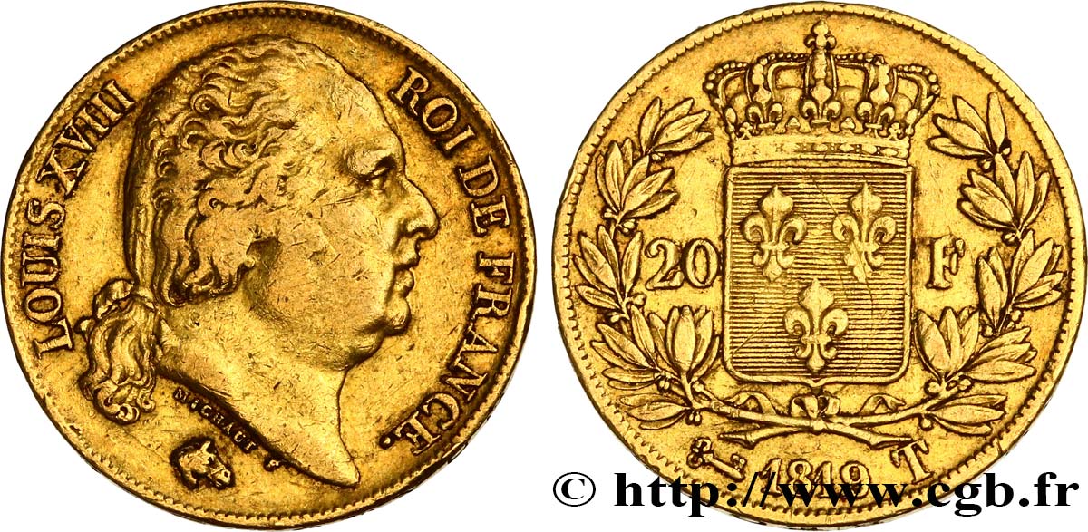 20 francs or Louis XVIII, tête nue 1819 Nantes F.519/17 TB35 