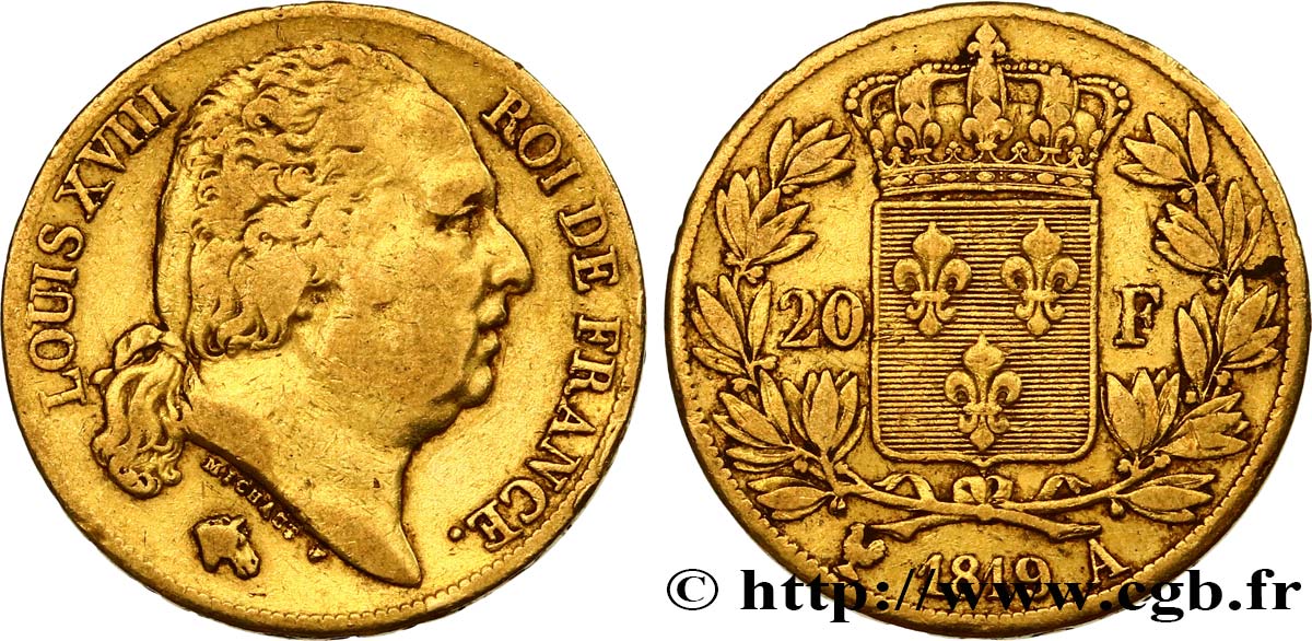 20 francs or Louis XVIII, tête nue 1819 Paris F.519/15 TB35