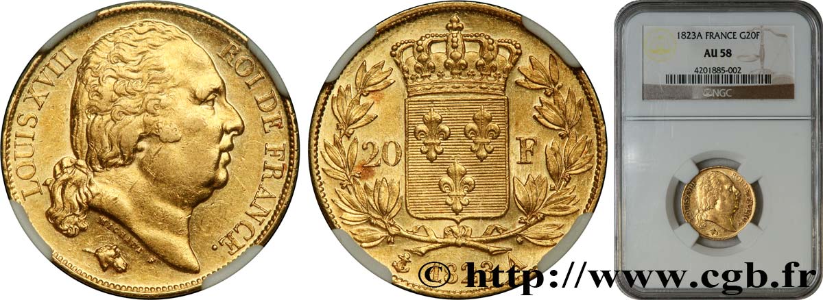 20 francs or Louis XVIII, tête nue 1823 Paris F.519/29 SPL58 NGC