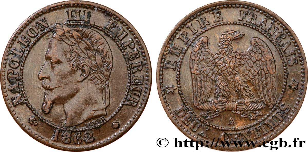 Deux centimes Napoléon III, tête laurée 1862 Paris F.108A/4 XF