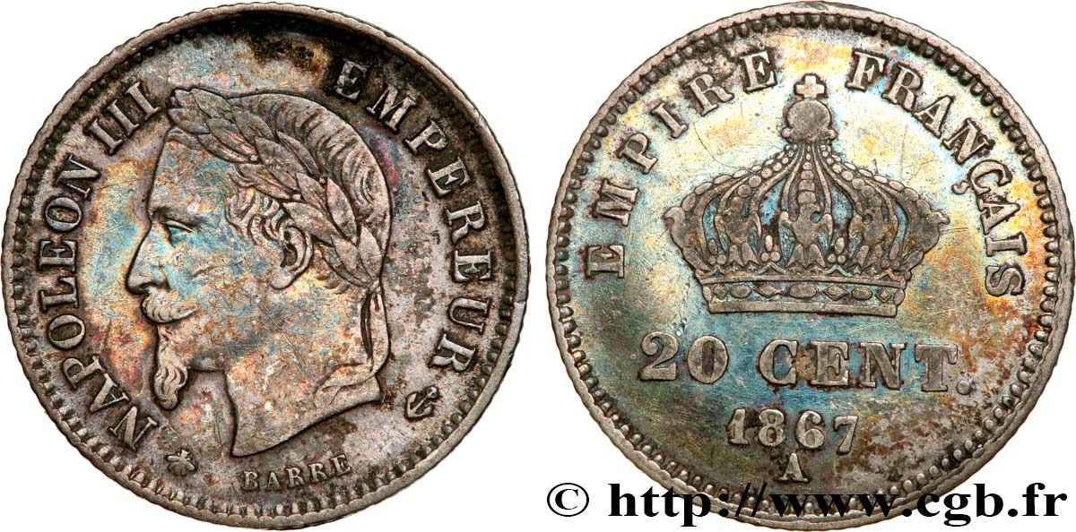 20 centimes Napoléon III, tête laurée, grand module 1867 Paris F.150/1 VF