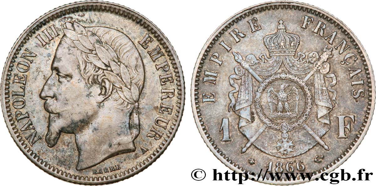 1 franc Napoléon III, tête laurée 1866 Paris F.215/3 XF