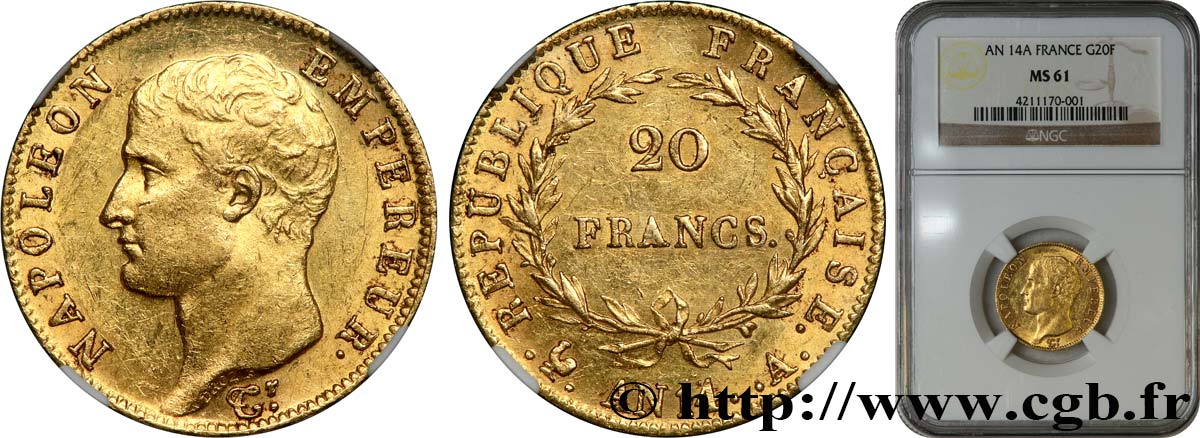 20 francs or Napoléon tête nue, Calendrier révolutionnaire 1805 Paris F.512/5 MS61 NGC