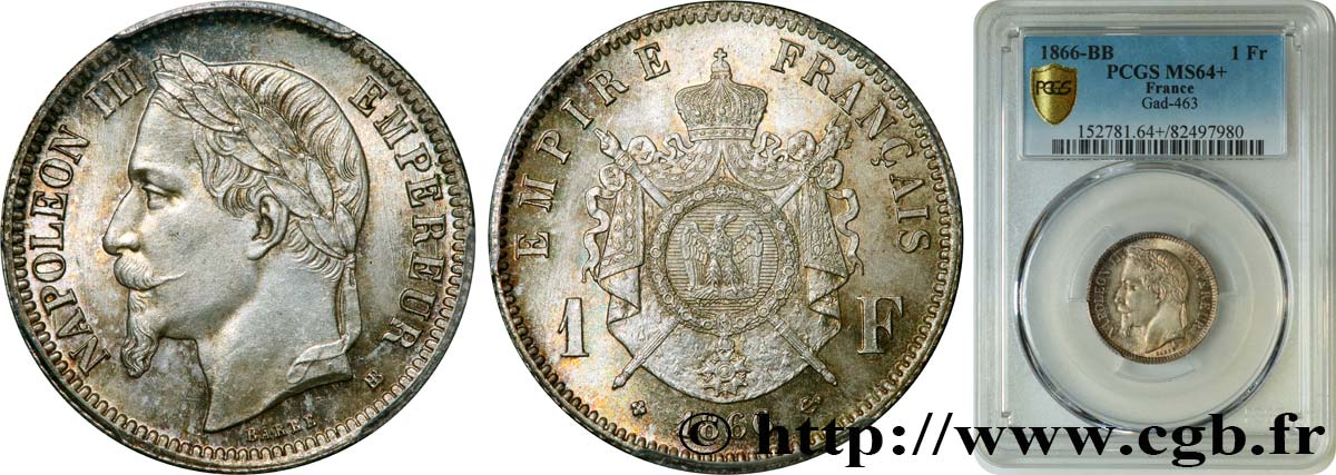 1 franc Napoléon III, tête laurée 1866 Strasbourg F.215/4 fST64 PCGS