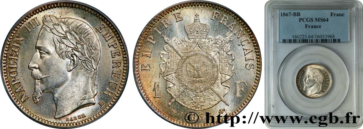 1 franc Napoléon III, tête laurée 1867 Strasbourg F.215/7 SC64 PCGS