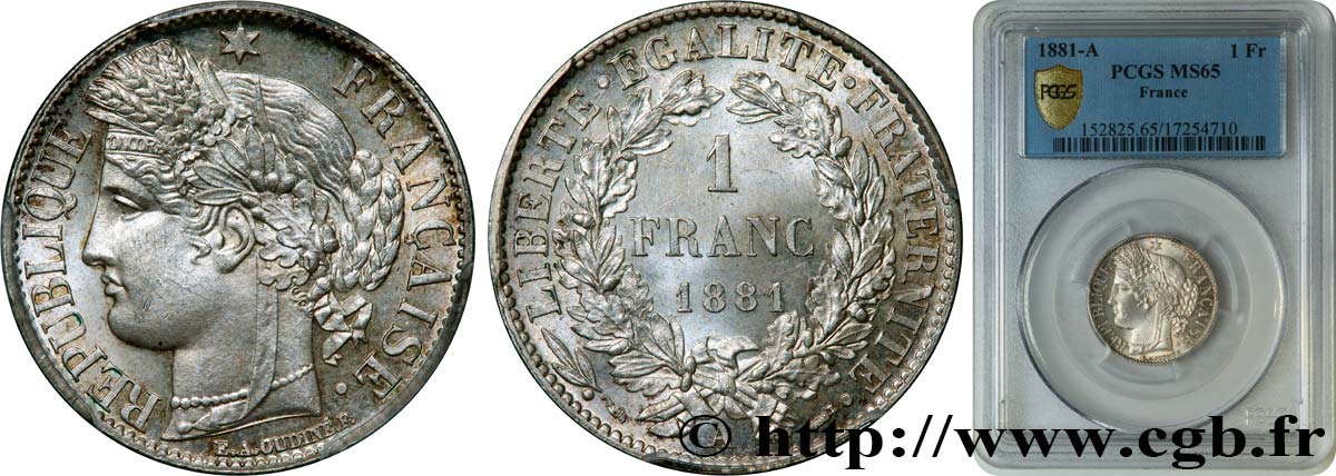 1 franc Cérès, Troisième République 1881 Paris F.216/8 ST65 PCGS