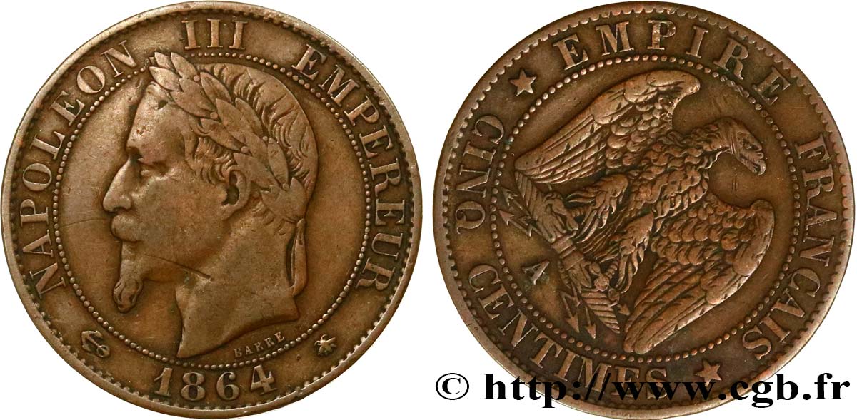 Cinq centimes Napoléon III, tête laurée, fautée, coins tournés 1864 Paris F.117/13 MB30 