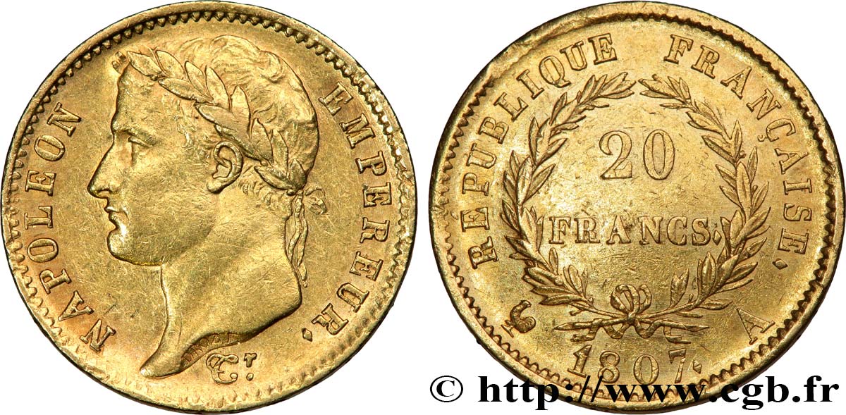 20 francs or Napoléon tête laurée, République française 1807 Paris F.515/1 AU53 