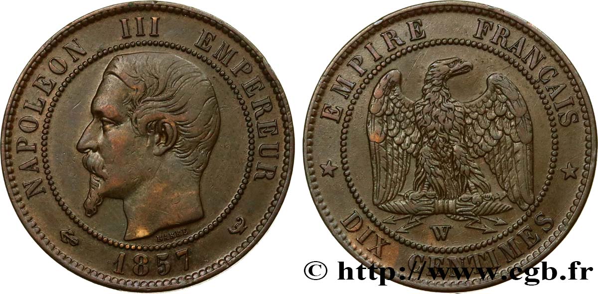 Dix centimes Napoléon III, tête nue 1857 Lille F.133/46 TTB45 