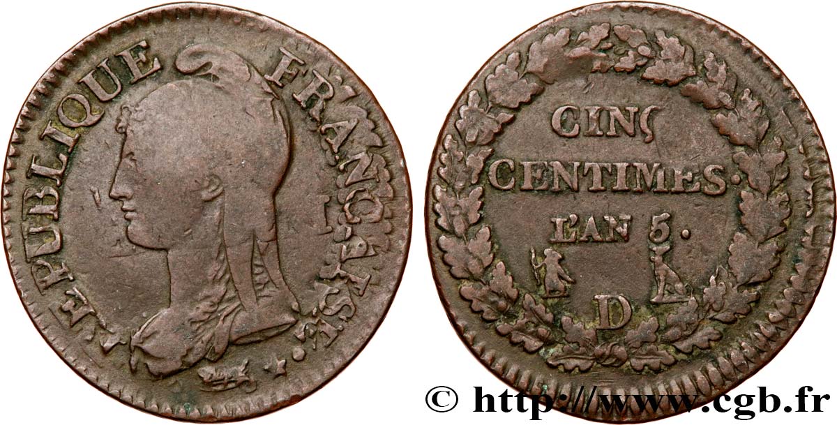 Cinq centimes Dupré, grand module,  refrappage  du décime 1797 Lyon F.114/7 S35 