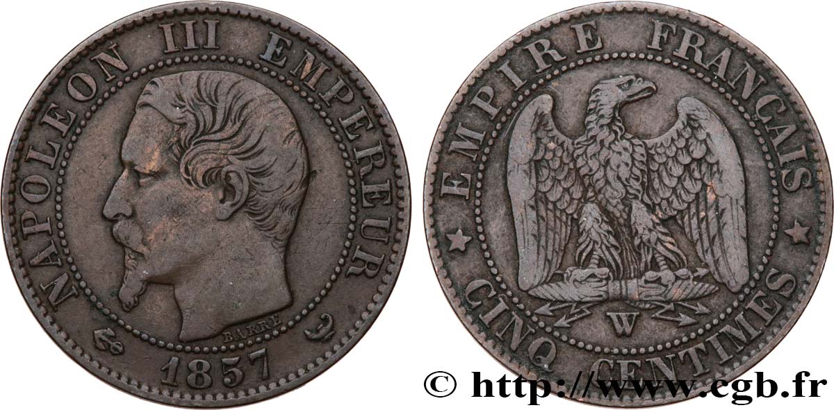 Cinq centimes Napoléon III, tête nue 1857 Lille F.116/43 VF25 