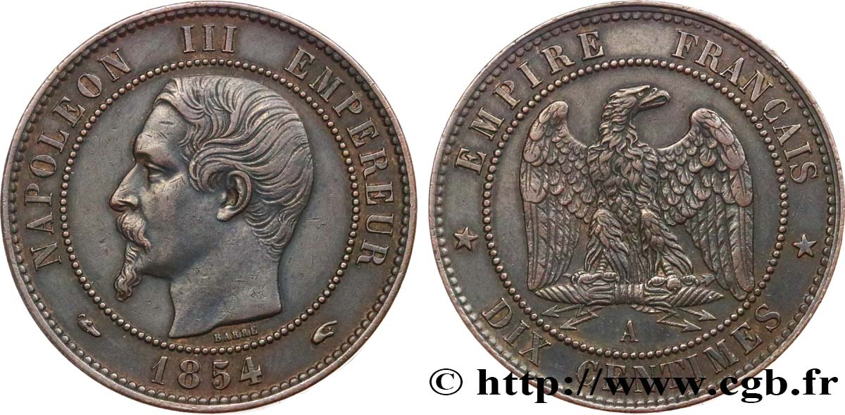 Dix centimes Napoléon III, tête nue 1854 Paris F.133/11 TTB50