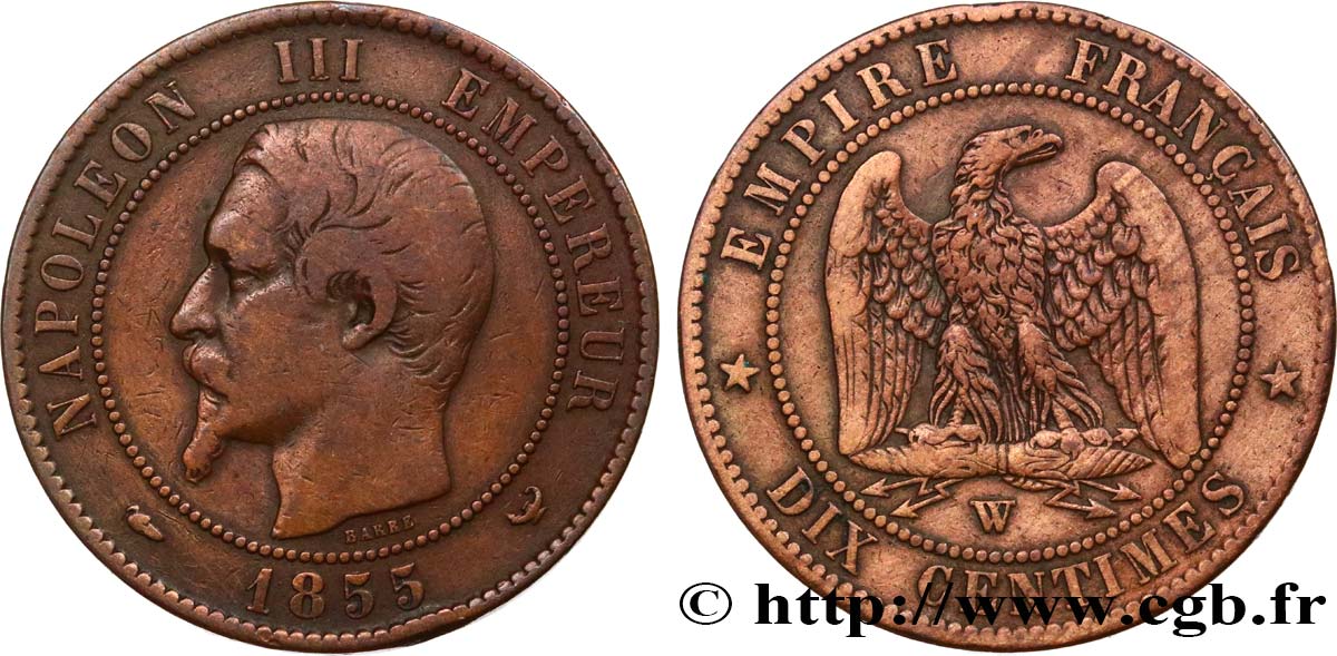 Dix centimes Napoléon III, tête nue 1855 Lille F.133/32 TB