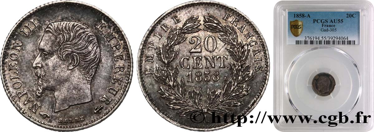 20 centimes Napoléon III, tête nue 1858 Paris F.148/11 EBC55 PCGS