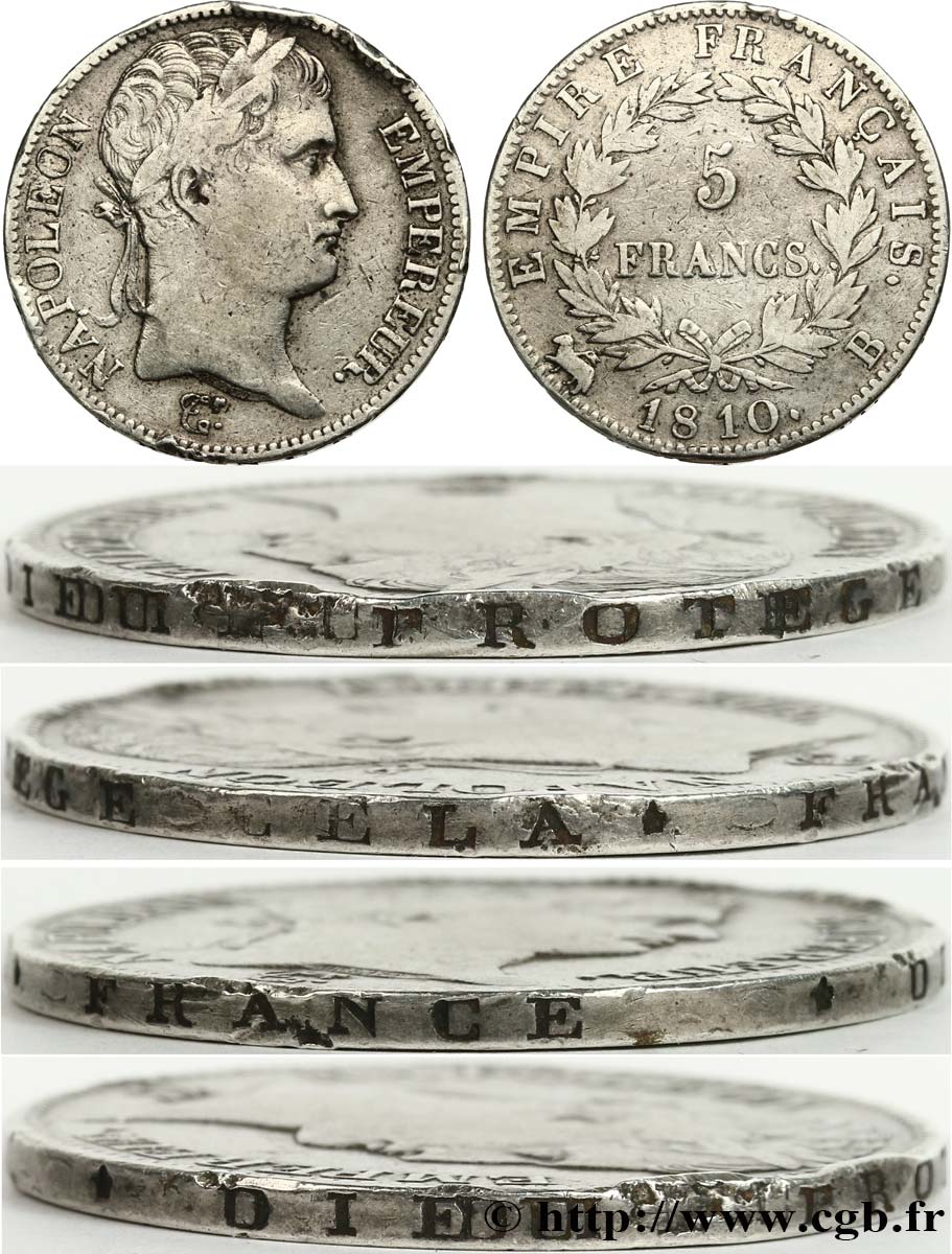 5 francs Napoléon Empereur, Empire français, tranche fautée 1810 Rouen F.307/15 VF30 