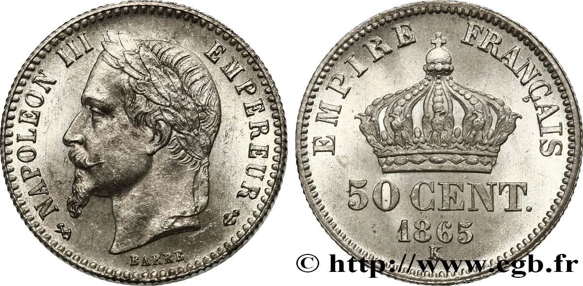 50 centimes Napoléon III, tête laurée 1865 Bordeaux F.188/8 fST64 
