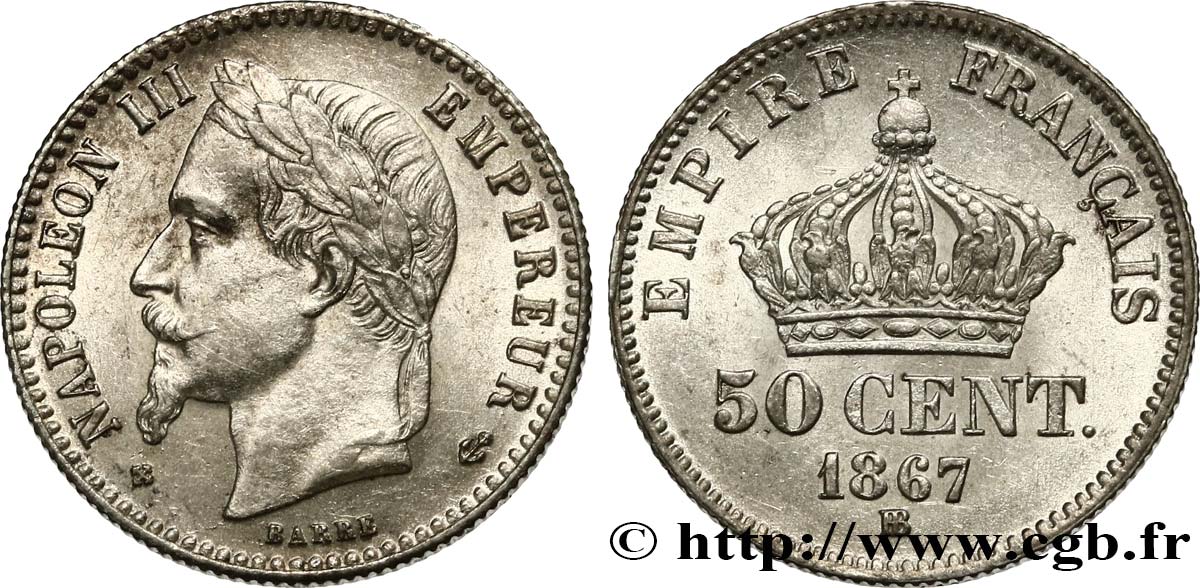 50 centimes Napoléon III, tête laurée 1867 Strasbourg F.188/15 SUP62 