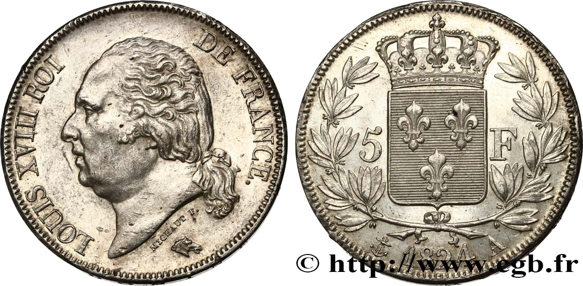 5 francs Louis XVIII, tête nue 1824 Paris F.309/88 SUP 