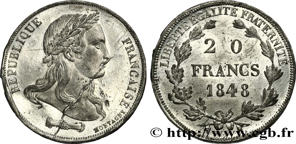 Concours de 20 francs, essai de Montagny, buste nu 1848 Paris VG.3034 var SPL+ 
