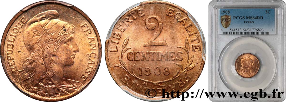 2 centimes Daniel-Dupuis 1908 Paris F.110/11 MS64 PCGS