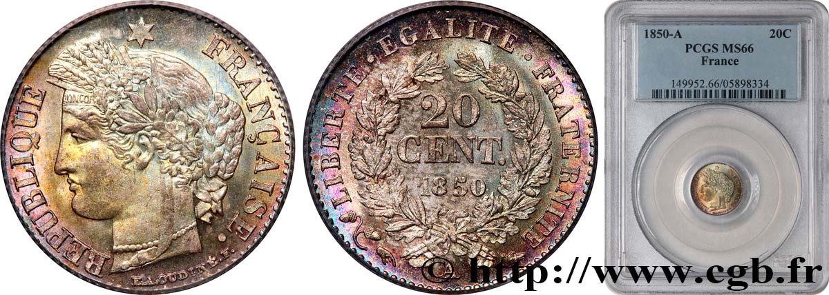 20 centimes Cérès, IIe République 1850 Paris F.146/2 ST66 PCGS