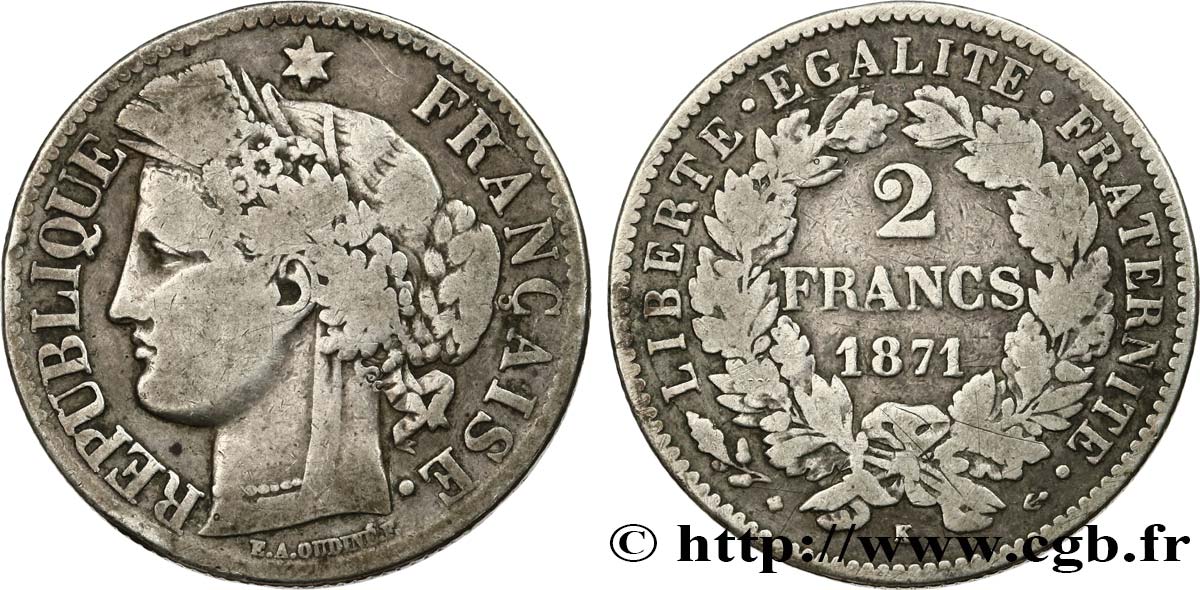 2 francs Cérès, avec légende 1871 Bordeaux F.265/7 TB