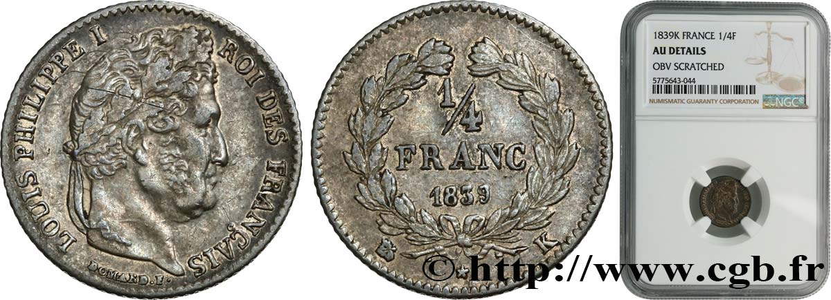 1/4 franc Louis-Philippe 1839 Bordeaux F.166/78 AU NGC