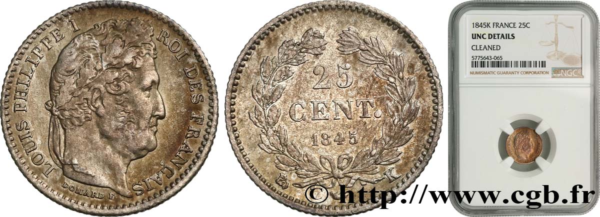 25 centimes Louis-Philippe 1845 Bordeaux F.167/3 EBC+ NGC