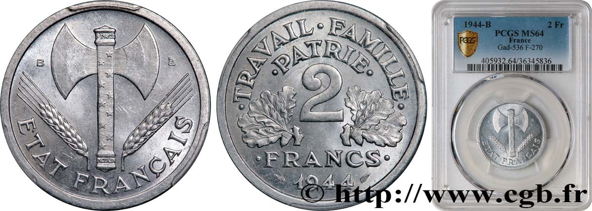 2 francs Francisque 1944 Beaumont-Le-Roger F.270/5 MS64 PCGS