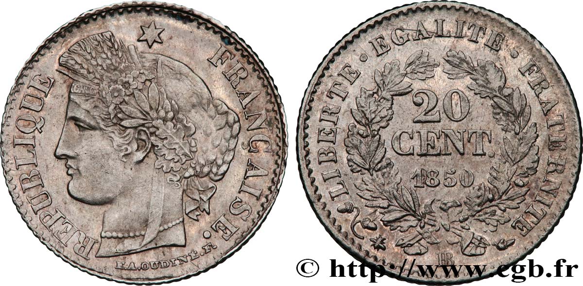 20 centimes Cérès, IIe République 1850 Strasbourg F.146/4 AU 