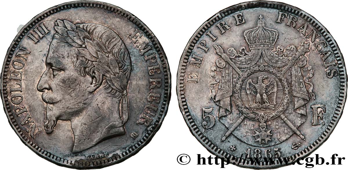 5 francs Napoléon III, tête laurée 1865 Strasbourg F.331/8 XF 