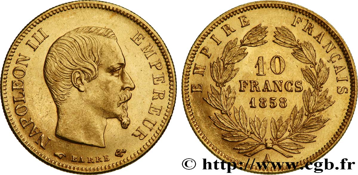 10 francs or Napoléon III, tête nue 1858 Paris F.506/5 SPL62 