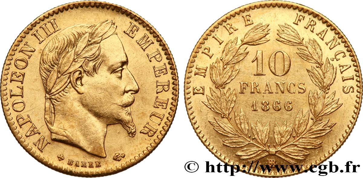 10 francs or Napoléon III, tête laurée 1866 Strasbourg F.507A/13 AU 